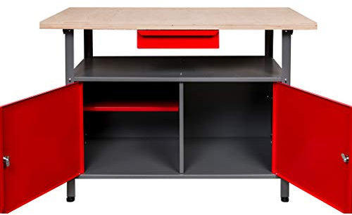 Kreher Werkbank aus Metall mit 30 mm Sperrholzplatte, verschließbaren Türen und Schublade, Maße (BxTxH): 120 x 85 x 60 cm
