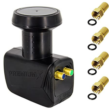 PremiumX Twin LNB per 2 utenti - Convertitore di segnale TV con protezione dalle intemperie - LNB Sat digitale in nero con 4 connettori F inclusi - DVB-S2 8K UHD 4K Full HD
