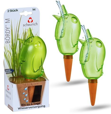 Scheurich Wasserspender Bördy M | 2 x Grün | 220ml Füllmenge | Bewässerungskugel klein mit Ton Fuß | Wasserspender Pflanzen und Blumen Terrakotta Stiel