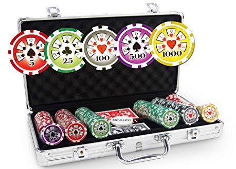 Pokeo Pokerkoffer 300 Chips Pokerset – 11,5g Laser Pokerchips Quinte Flush Design, 2 Kartendecks, Würfel, Dealer-Button – Abschließbarer Alu-Koffer Texas Holdem Casino Set