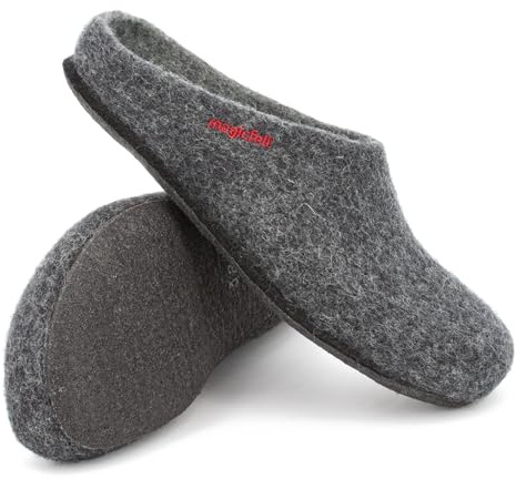 Magicfelt Tofflor AN709 för kvinnor och män – naturlig tvåfärgad merinoull | Tofflor med halkfri anatomisk sula | unisex filttofflor, antracit, 50 EU