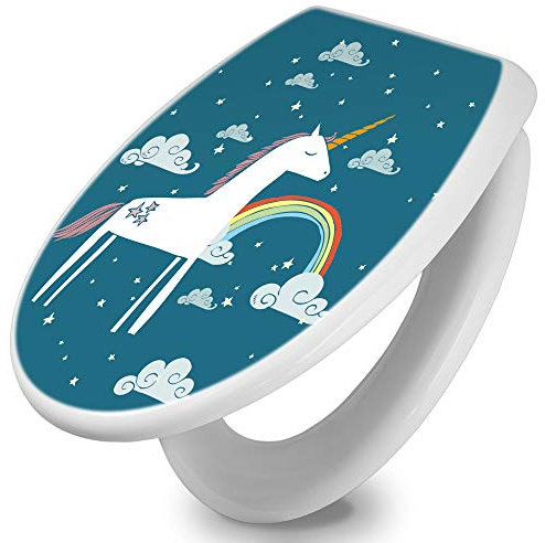 banjado Toilettendeckel mit Absenkautomatik 44,5x37cm / WC Brille Soft Close/hygienischer Toilettendeckel/Klodeckel Duroplast Edelstahl Scharniere einfache Montage/Motiv Einhorn