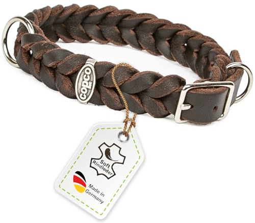 CopcoPet Hundehalsband aus Fettleder 30–34 cm x 15mm Braun – Geflochtenes Lederhalsband – verchromt mit Dornschließe – Robust & verstellbar – Für kleine Hunde, ideal für Alltag & Training