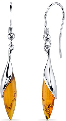 Peora Genuine Baltic Amber Drop Earrings for Women 925 Sterling Silver, Marquise Shape, Rich Cognac Color, Fishhooks, Real Baltic Amber Earrings for Adults, 100% Natural from Baltic Region