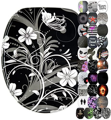 Sanilo WC Sitz ohne Absenkautomatik, viele schöne schwarze Toilettendeckel zur Auswahl, hochwertige und stabile Qualität aus Holz (White Flower)