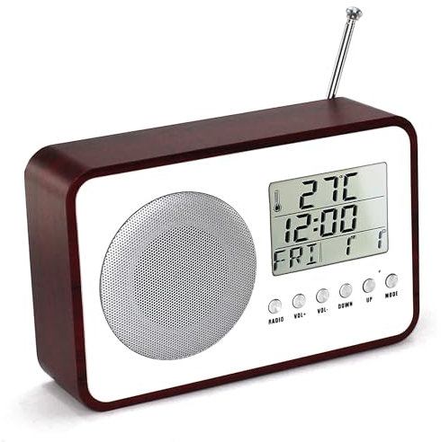 FISHTEC ® Radio Reveil Rétro Vintage Portable Look 60's - Poste Radio FM/AM - Ecran LCD - Alarme Snooze - Affichage Température (°C/F) Date Heure - Haut Parleur Stéréo - Couleur Bois