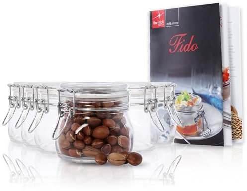 Bormioli Rocco Fido - Set da 6 vasetti in vetro per conserva con chiusura a leva, capacità: 50 cl, libro di ricette Bormioli incluso