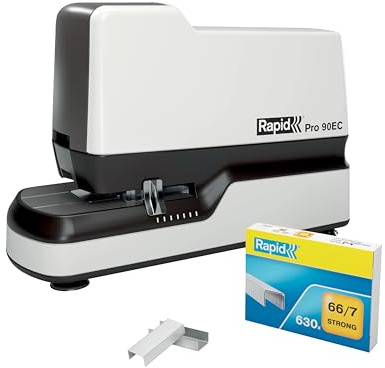 Rapid Pro 90EC Elektrisk Häftapparat, Kontaktlös Häftning med Hög Kapacitet och Hastighet, Kraftfull Kontorshäftare, 630 x Häftklammer Ingår, Vit, Kapacitet för 50 Ark, 20942901