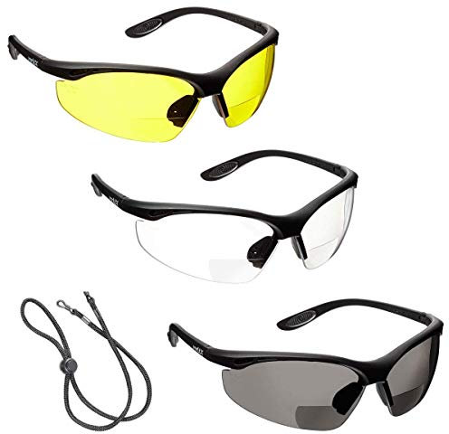 voltX 3 x CONSTRUCTOR' Gafas de Seguridad de Lectura BIFOCALES, (1 x transparente 1 x ahumado 1 x amarillo - DIOPTRIA +2.5) incluye cuerda de seguridad - CE EN166F - Gafas para Ciclismo Bifocales