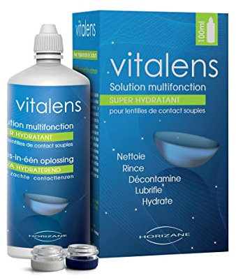 VITALENS - Produit multifonction pour lentilles de contact souples - Décontamine, nettoie, rince, déprotéinise, hydrate et conserve - Solution à l’acide hyaluronique - Format cabine avion 100ml