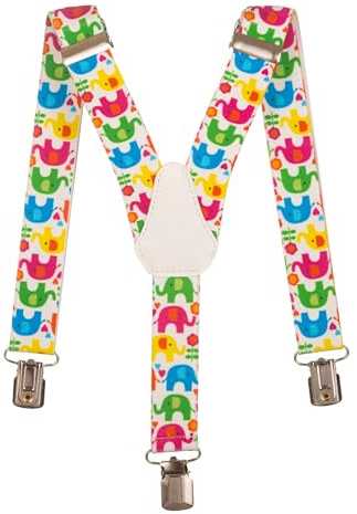Olata Bretelle per Bambini a Forma di Y, Elastiche, Motivo con Elefanti (1-5 Anni), 2,5 cm. Bianco