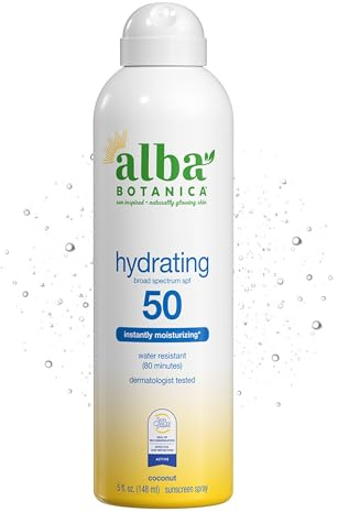 Alba Botanica Hydrating Sunscreen Spray, SPF 50 Broad Spectrum Protection, Instantly Moisturizing, Water Resistant (80 minutes), Hypoallergenic, Oxybenzone-Free, 5 Fl. Oz