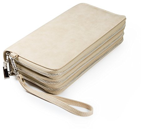 WILZOG Premium Kunstleder Clutch | Make Up Tasche | große Schminktasche mit 3 separaten Fächern für viel Ordnung | Kosmetikclutch zum Ausgehen | Abendtasche Frauen (Beige)