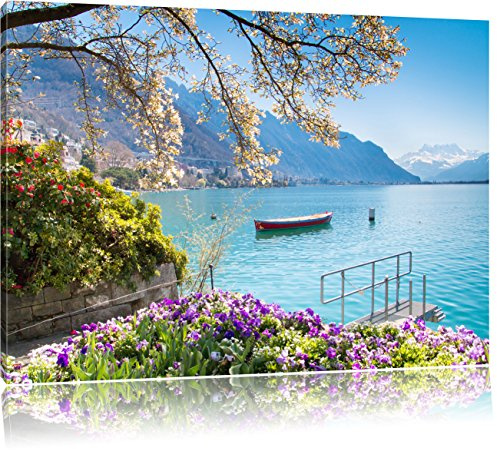 Pixxprint Genfer See im Sonnenschein, Größe: 80x60cm, Leinwandbild, fertig gespannt, Wandbild, Dekoration, Kunstdruck, kein Poster