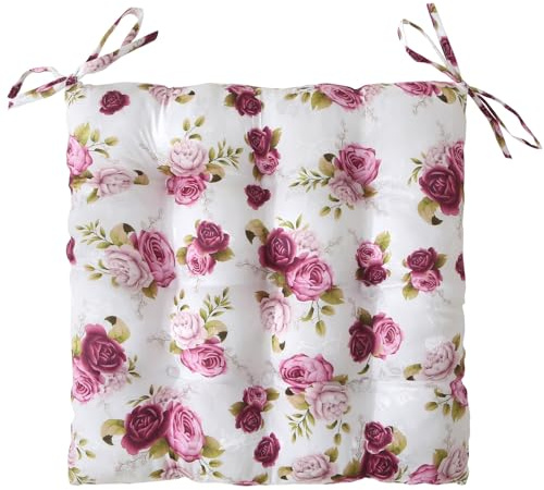wometo Landhaus Sitzkissen Rosen 40x40 Oeko-TEX rosa pink weiß | gesteppte Sitzpolster / Stuhlkissen mit Steppung mit Bändern für Indoor und Outdoor, drinnen und draußen nutzbar