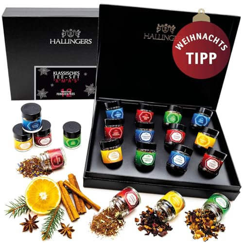 Hallingers Frohe Weihnachten - Weihnachtliche 12 Sorten Tee Geschenkset zur Weihnacht & Advent, vegan & glutenfrei in Schraubgläsern (Set) - Geschenkideen Weihnachten & Geschenke Adventskalender | Gen