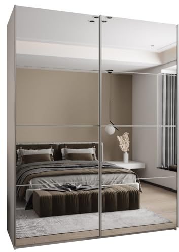 ABIKSMEBLE LUX 2 Armoire à 2 Portes Coulissantes avec Miroir, Fermeture Silencieuse - Système HETTICH Topline L - pour Salon, Chambre à Coucher - 245,5x200x64cm - Blanc, Blanc, Argent