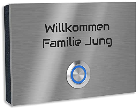 Jung Edelstahl Design Türklingel mit Gravur London 2 Klingelplatte in verschiedenen Größen. Varianten als Aufputz oder Unterputz Klingelschild. Klingel mit Led Taster blau.