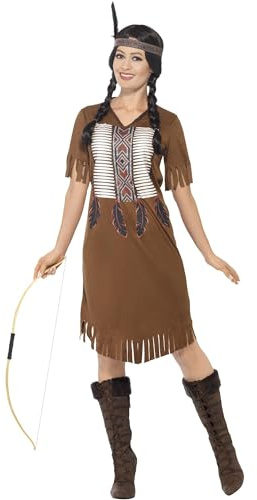 Smiffys - Damen Indianer Kämpferin Prinzessinnen Kostüm, Kleid und Haarband, braun