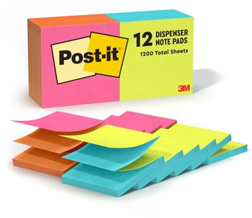 Post-it Pop-up Notes, 12 Sticky Note Pads, 3 x 3 in., School Supplies, Office Products, Accordion Sticky Notes Work with Pop-Up Note Dispenser, Poptimistic Collection, Alternating Colors