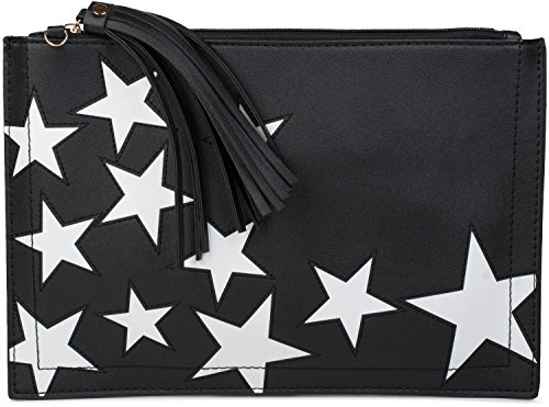 styleBREAKER Clutch mit Sterne Muster, Quasten Anhänger am Reißverschluss, Handschlaufe und Umhängegurt, Damen 02012075, Farbe:Schwarz