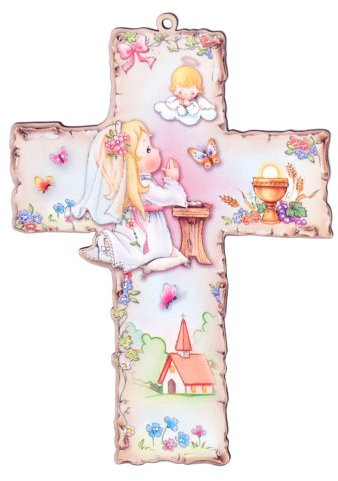 MaMeMi TAUFKREUZ FÜR MÄDCHEN – Kinder-Wandkreuz aus Holz mit BETENDEM MÄDEL & SCHUTZENGEL – ca. 15 x 10,5 cm – Mit Gebetsbüchlein – CHRISTLICHES GESCHENK ZUR TAUFE Italien