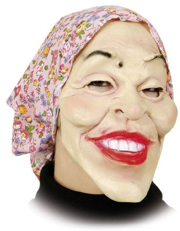 Hexen-Maske: alte Frau, rotes Kopftuch, Latex, für Erwachsene