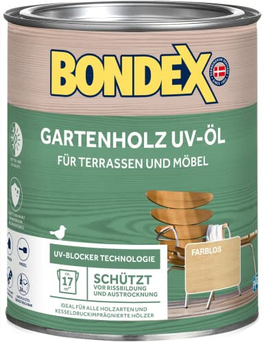 Bondex 365223 Gartenholz UV-Öl farblos 0,75 L für 17 m² - Schützt Vor Rissbildung Und Austrocknung - Holzschutz mit UV-Blocker Technologie