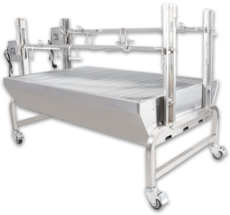 Beeketal 'BSG150-D' Profi Doppel Spanferkelgrill mit 2 Spießen, mobiler Spießgrill mit 2 Grillmotoren und höhenverstellbaren Drehspießen, Edelstahl Konstruktion mit 4 bremsbaren 360° Grad Rollen