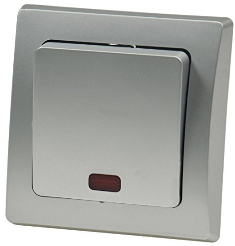 DELPHI Kontroll-Schalter Serienschalter mit Kontrollleuchte 250V / 10A mit 1-fach Rahmen Geeignet für Mehrfachrahmen Einsatz 55x55mm Silber Grau