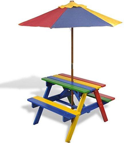 Kids Childrens Picnic Garden Parasol Umbrella Patio Table bench Chairs Set