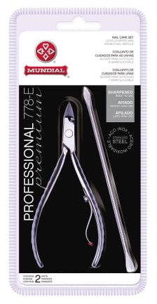 Mundial Professionale 778-E - Set di pinze per cuticole a ganascia completa, con raschietto, per tagli precisi e durevoli per unghie, sterilizzazione igienica, resistente alla ruggine