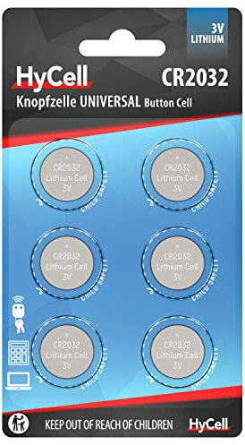 HyCell Lot de Piles Plates CR2032 (6 pces) – Piles Bouton pour clés de Voiture, horloges, bips de Parking, systèmes d'ouverture de Garage, etc. – Piles universelles résistantes à Haute capacité