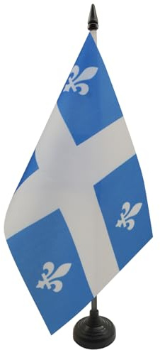 AZ FLAG Drapeau de Table Québec 21x14 cm Polyester 100D Socle Plastique | Usage intérieur Drapeau de bureau québécois finition cousue et bords renforcés avec mât en plastique et socle en plastique