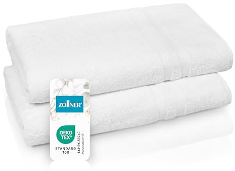 ZOLLNER 2er Set Saunatücher in 70x180 cm - Flauschige Handtücher aus Baumwolle - mit moderner Streifenbordüre - waschbar bis 95°C - mit praktischem Aufhänger - in weiß - Hotelqualität