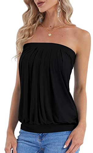 DJT Damen Schulterfrei Tube Top Ärmellos Vorne Falten Tank Party Bandeau Schlauchshirt Sommertops Oberteile Schwarz XL