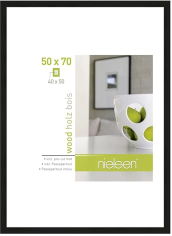 accent by nielsen Bilderrahmen mit Passepartout, 50 x 70 cm, Holz, Schwarz, Posterrahmen zum Aufhängen im Hoch- & Querformat, Echtglas, Apollon