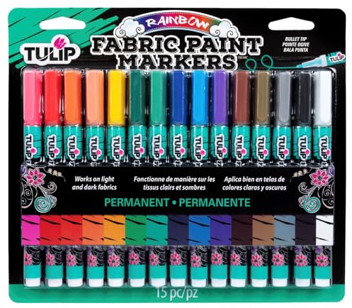 TULIP-33701 Fabric Paint Markers Rainbow 15 Pack, for Permanent Color on Fabric, Wood, Rocks
