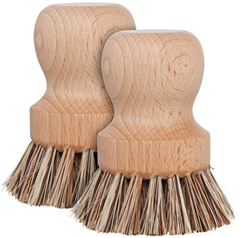 Redecker Pot Brush, Union Fibre, 2-Pack Heavy Duty Scrub Brushes for Pots, Cast Iron & Baked-On Residue, Beechwood, 2.6-Inch Round, Made in Germany