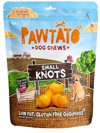 Pawtato Veganer Hund kaut kleine Knoten. Natürliches alternatives Hunde-Leckerli aus Rohleder. Fettarm, pflanzlich, hypoallergen, Süßkartoffel-Kauartikel, 150g