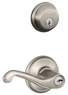 Schlage FB50N V FLA 619 B60 Single Cylinder Deadbolt and F51 Keyed Entry Flair Lever Keyed Alike, Satin Nickel Finish