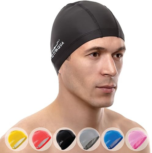 AqtivAqua Badekappe Damen Herren Mädchen Jungen Kinder Spandex Stoff Schwimmkappe Badekappen Schwimmhaube (Farbe Schwarz)