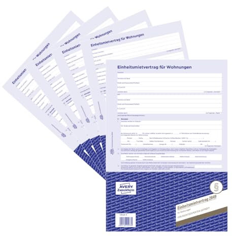 AVERY Zweckform 2849-5 Mietvertrag für Wohnungen (Einheitsmietvertrag, 4-seitiges Formular im A4 Bogenformat) 5 Stück, blau