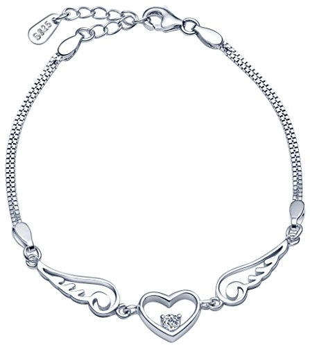 Infinite U Fashion - Pulsera de plata de ley 925 con colgante de corazón y alas de ángel para mujer, cadena de eslabones de mano, ajustable, plata