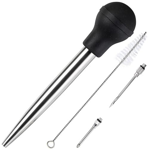 Best Utensils Stainless Steel Turkey Baster Commerical Grade Quality FDA Rubber Bulb Including Marinade Injector Needle and Brush For Easy Clean Up