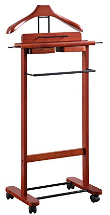 Proman Products Deluxe Suit Valet Stand VL16204 with Top Tray, Slide Out Tray, Contour Hanger, Trouser Bar, Tie & Belt Hooks and Shoe Rack, 17 W x 13 D x 41 H, Dark Cherry