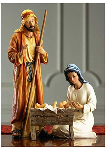 Three Kings Gifts Holy Family Nativity Set, 3-Piece Polystone Mary, Joseph, and Baby Jesus with Manger Figures, Flat Bottom Base Collectibles for 12-Inch Scale Christmas Nativity Scene