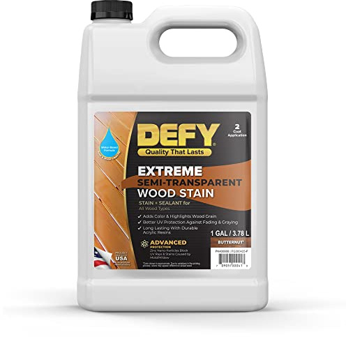 DEFY Extreme Wood Stain and Sealer in One - 1 Gallon Semi-Transparent Waterproof Coating for All Wood Types - Butternut