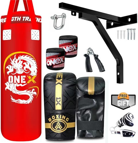 ONEX 3ft Punch Bag Set Heavy Filled Boxing Training Punching Gloves Fighting Hanging 3ft Bracket (Set 3ft Red)