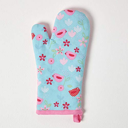 Homescapes Ofenhandschuh Birds and Flowers, rosa blau ca. 18 x 32 cm, Topfhandschuh aus 100% reiner Baumwolle mit Polyesterfüllung, waschbarer Kochhandschuh
